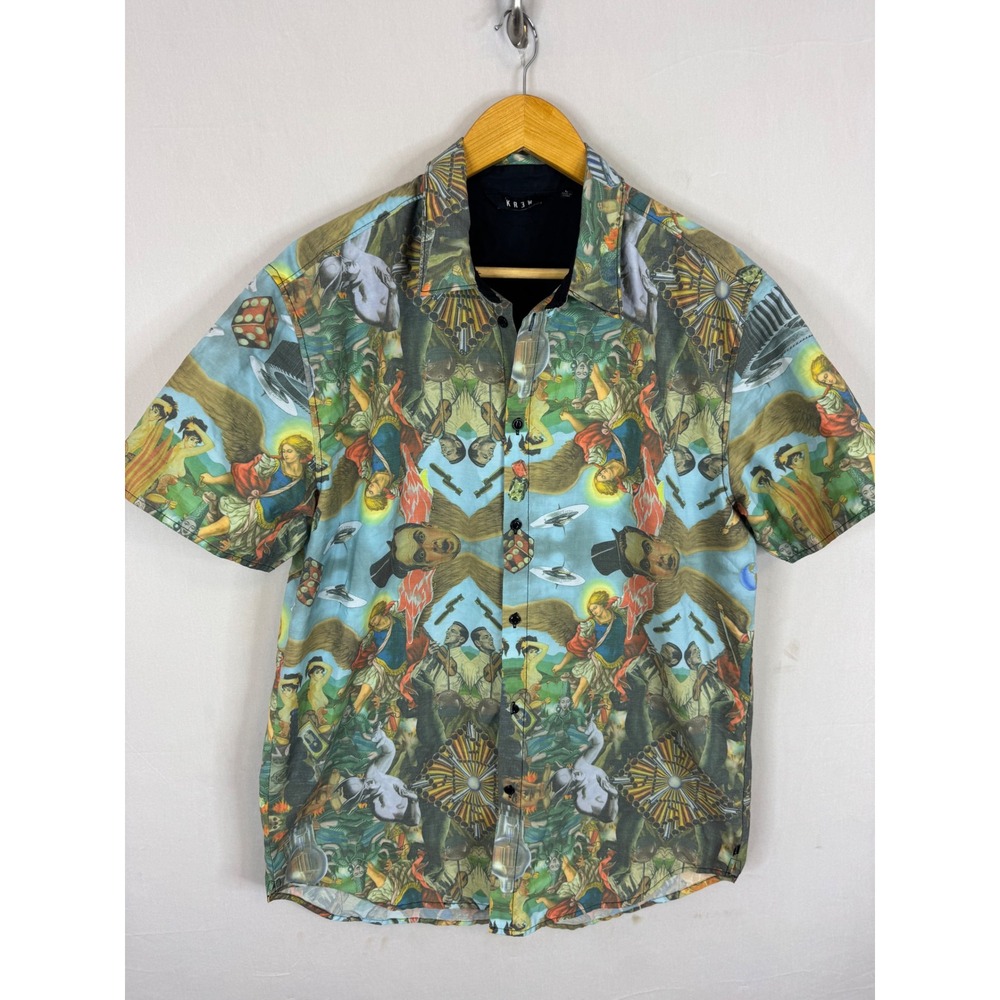 KR3W Mens Surrealist Graphic Print Button Down Shirt UFO Angel Multicolor  Men L